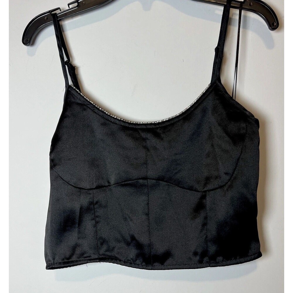 NWT HOUSE OF HARLOW revolve black Satin Rhinestone Neckline Crop Top‎ Size Small